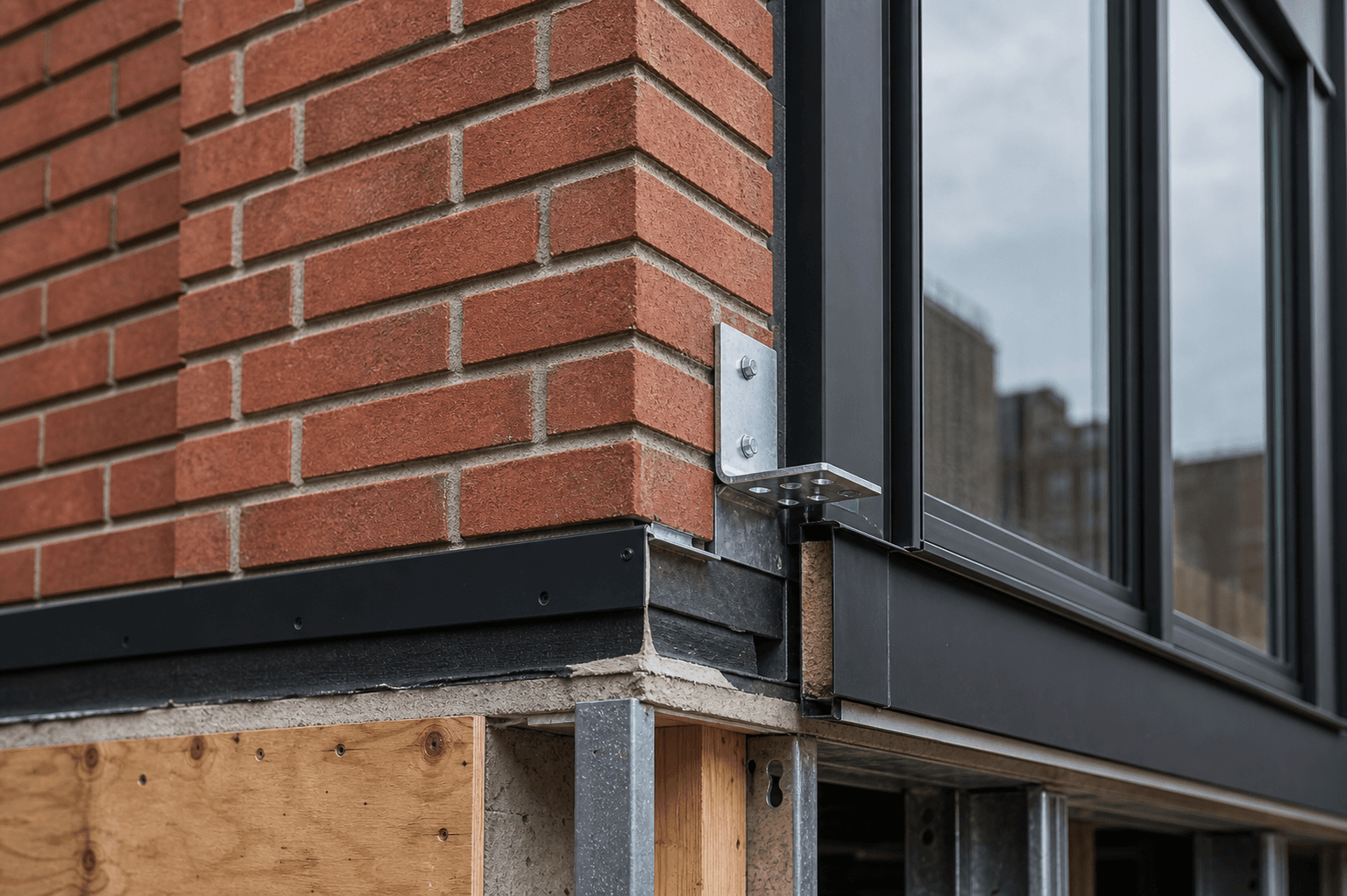 Close-up of brick, steel, and window installation detail